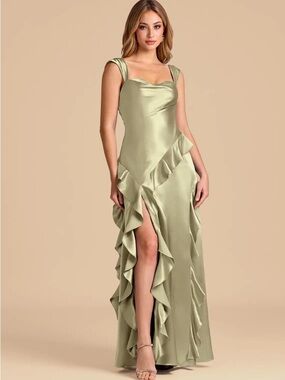 Azazie Olive Satin Ruffle Maxi Dress with Sweetheart Neckline